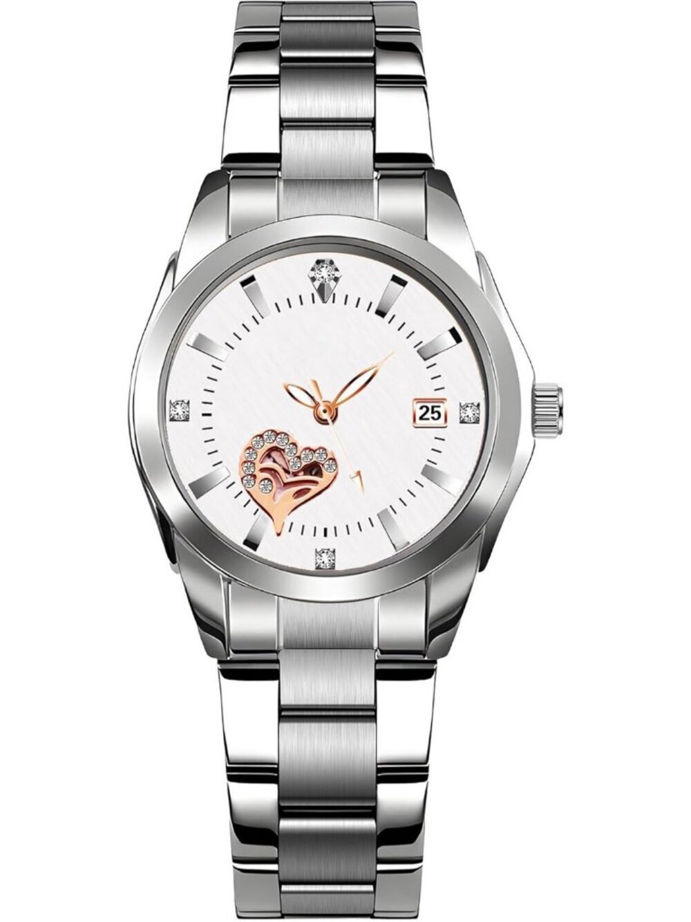 Womens White Face Analog Quartz Silver Stainless Steel Luminous Waterproof Watch